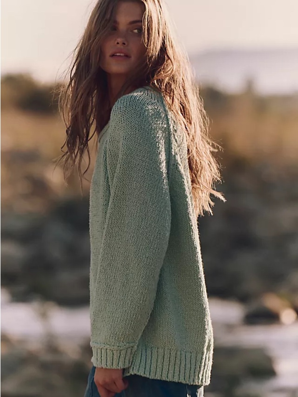 Free People Magnolia Mint Crewneck Pullover Sweater